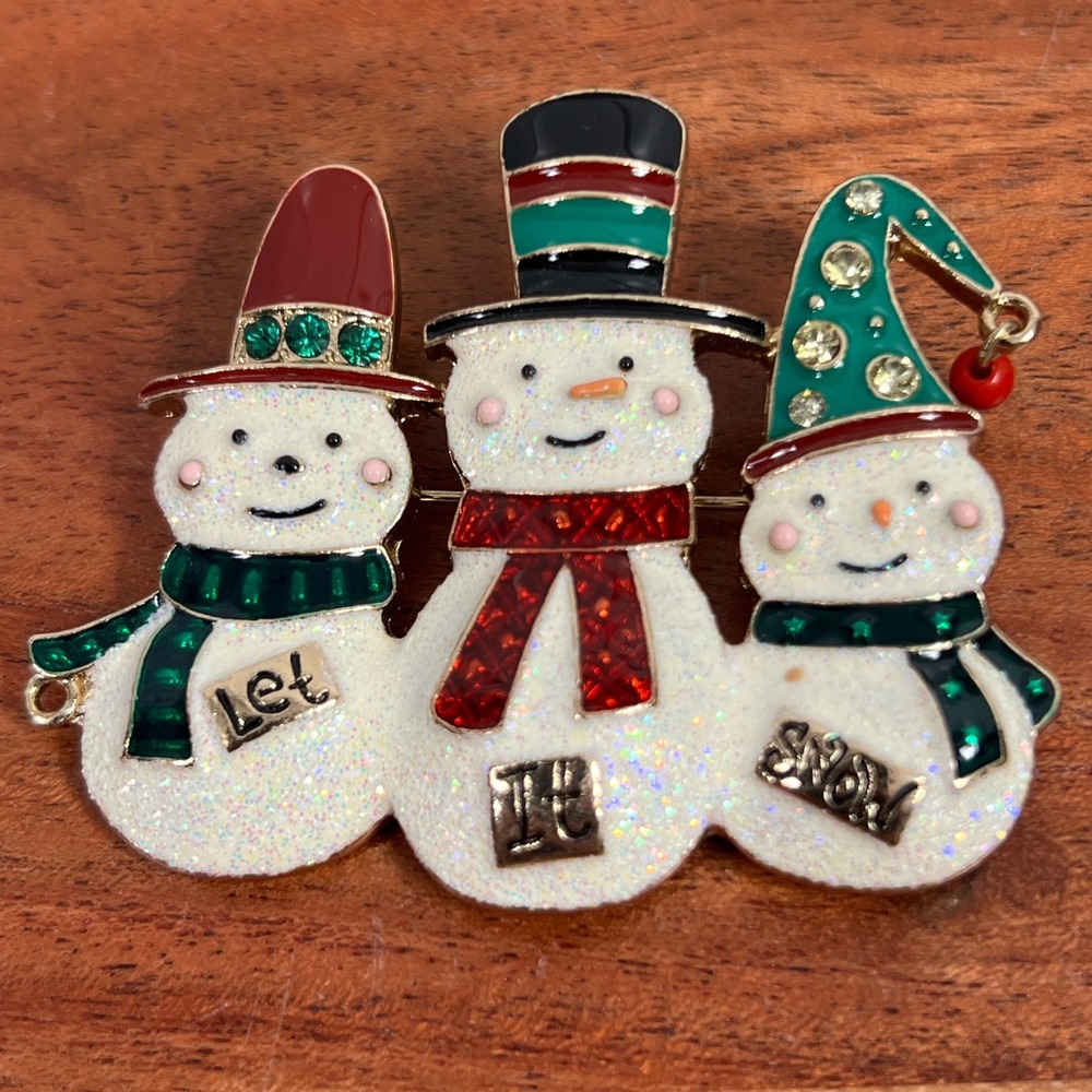 Let It Snow Snowman Trio Brooch Enamel Rhinestone Christmas Pin Gold Tone